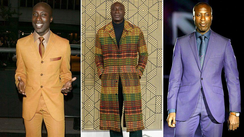 A composite picture of three images of Ozwald Boateng at different stages of his career. One on the left where he is wearing an orange suit, one in the middle in a woven, patterned overcoat and one on the right in a purple suit